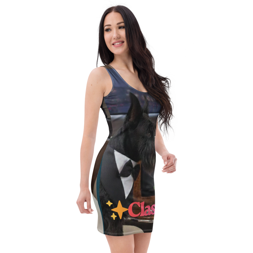 🐾🚘💃 Vestido ajustado – “Classy Pups”  Amor, glamour… y dos perritos con mucho estilo.