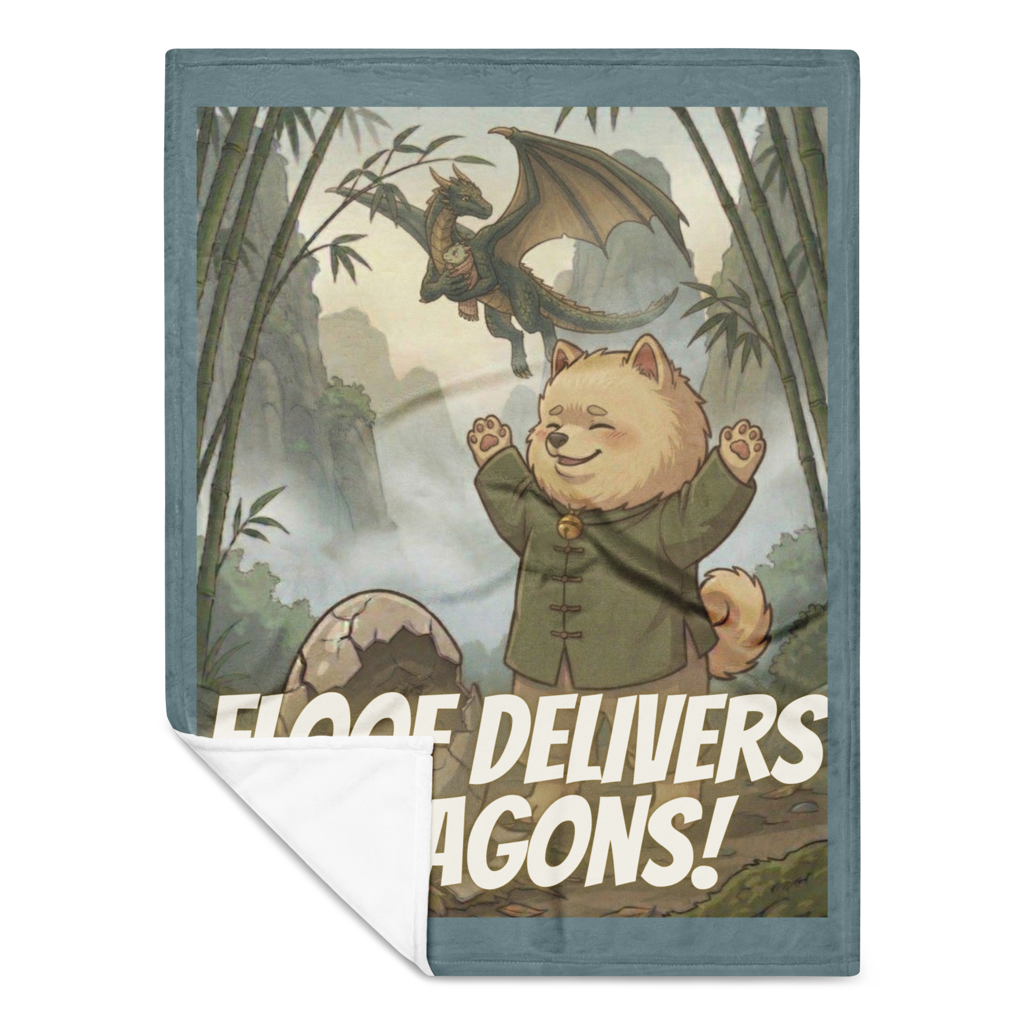 🐶🐉🛋️✨ Manta divertida – “Floof Delivers Dragons”  Calor, fantasía… y entregas legendarias.