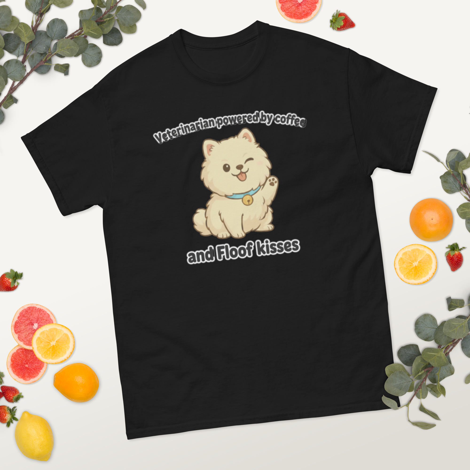 Camiseta clásica unisex •	"Veterinarian powered by coffee and Floof kisses"