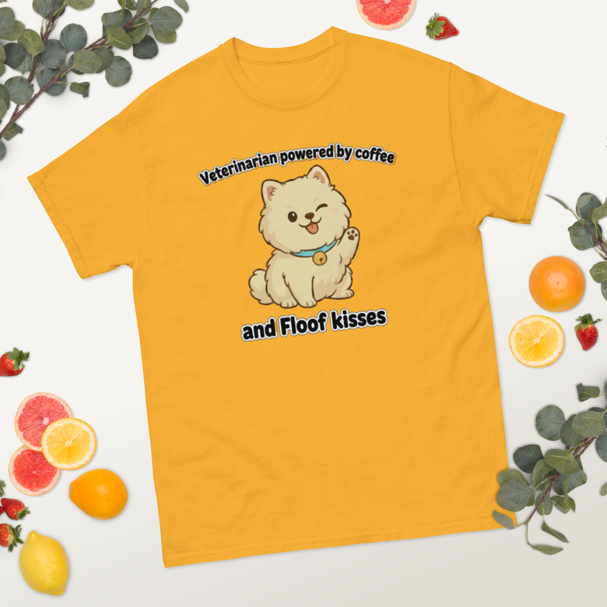 Camiseta clásica unisex •	"Veterinarian powered by coffee and Floof kisses"