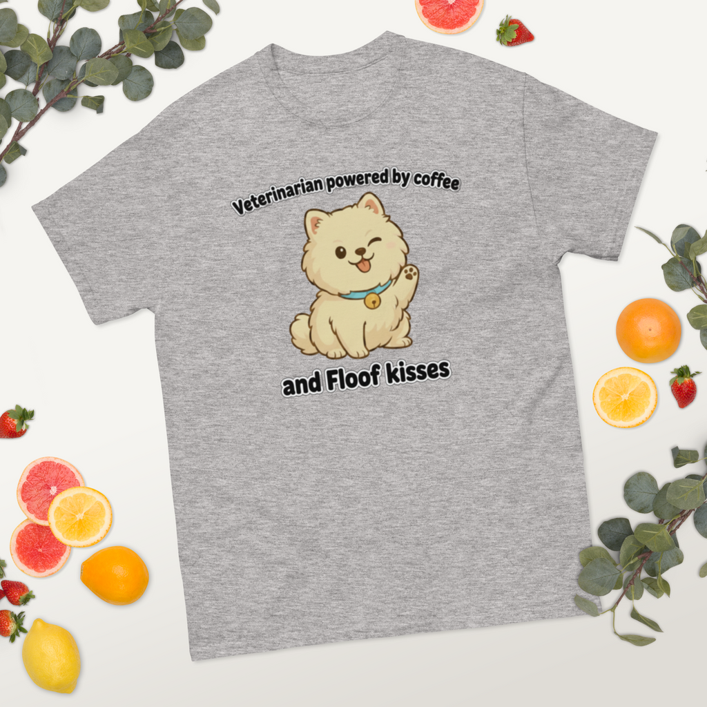 Klassisches Unisex-T-Shirt • „Tierarzt, angetrieben von Kaffee und Flauschküssen“