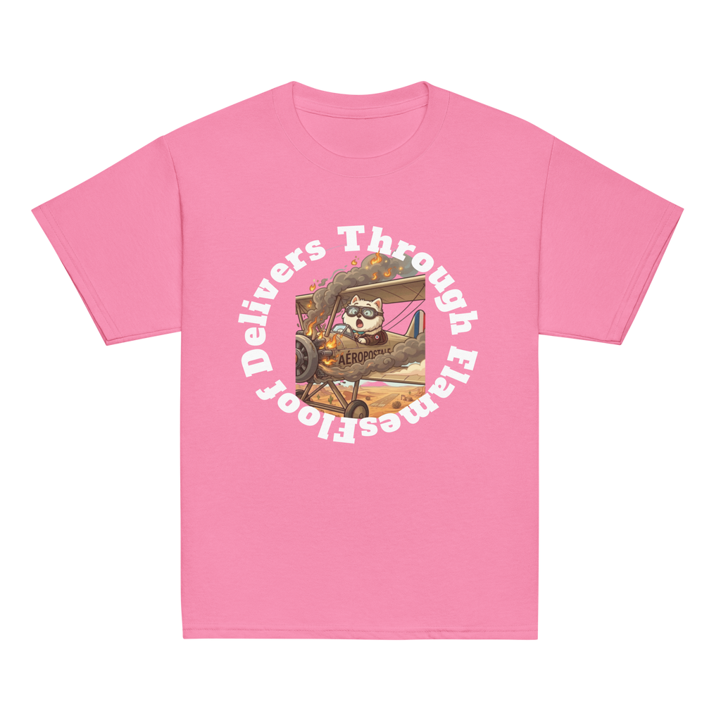 ✈️🐶🔥📦 Camiseta clásica de niño – “Floof Delivers Through Flames”  Pequeño piloto. Gran misión.