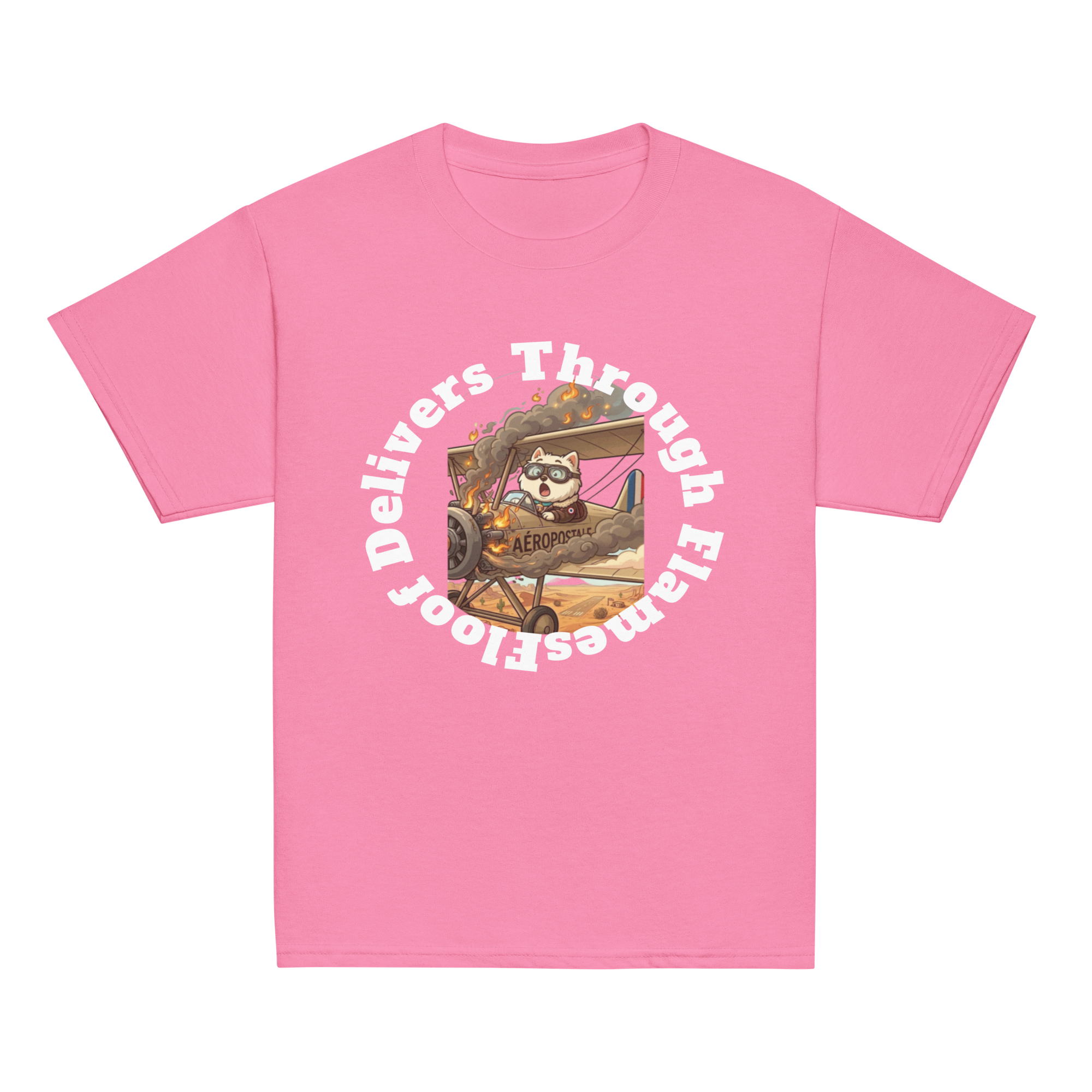✈️🐶🔥📦 Camiseta clásica de niño – “Floof Delivers Through Flames”  Pequeño piloto. Gran misión.