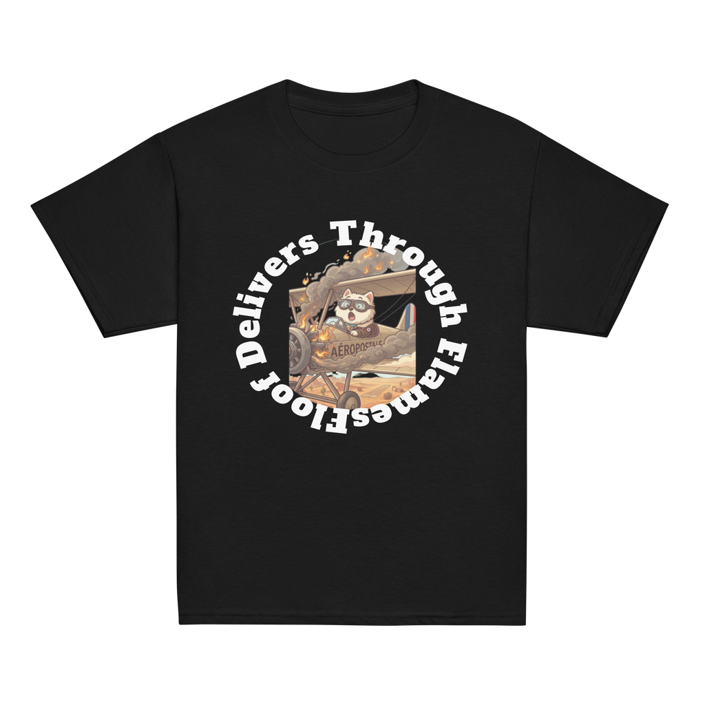 ✈️🐶🔥📦 Camiseta clásica de niño – “Floof Delivers Through Flames”  Pequeño piloto. Gran misión.