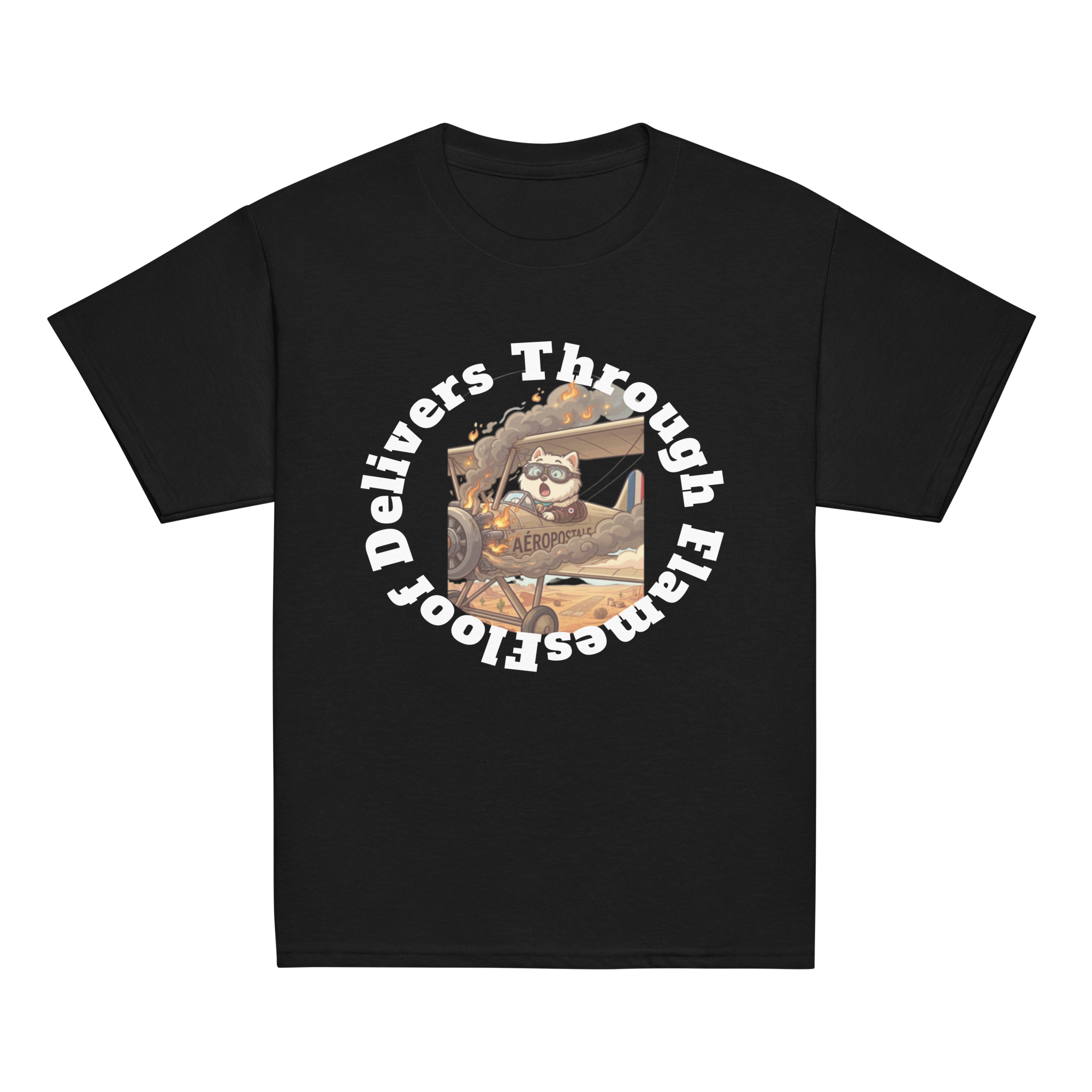 ✈️🐶🔥📦 Camiseta clásica de niño – “Floof Delivers Through Flames”  Pequeño piloto. Gran misión.
