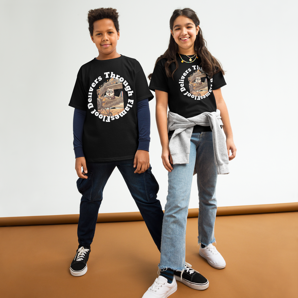 ✈️🐶🔥📦 Camiseta clásica de niño – “Floof Delivers Through Flames”  Pequeño piloto. Gran misión.