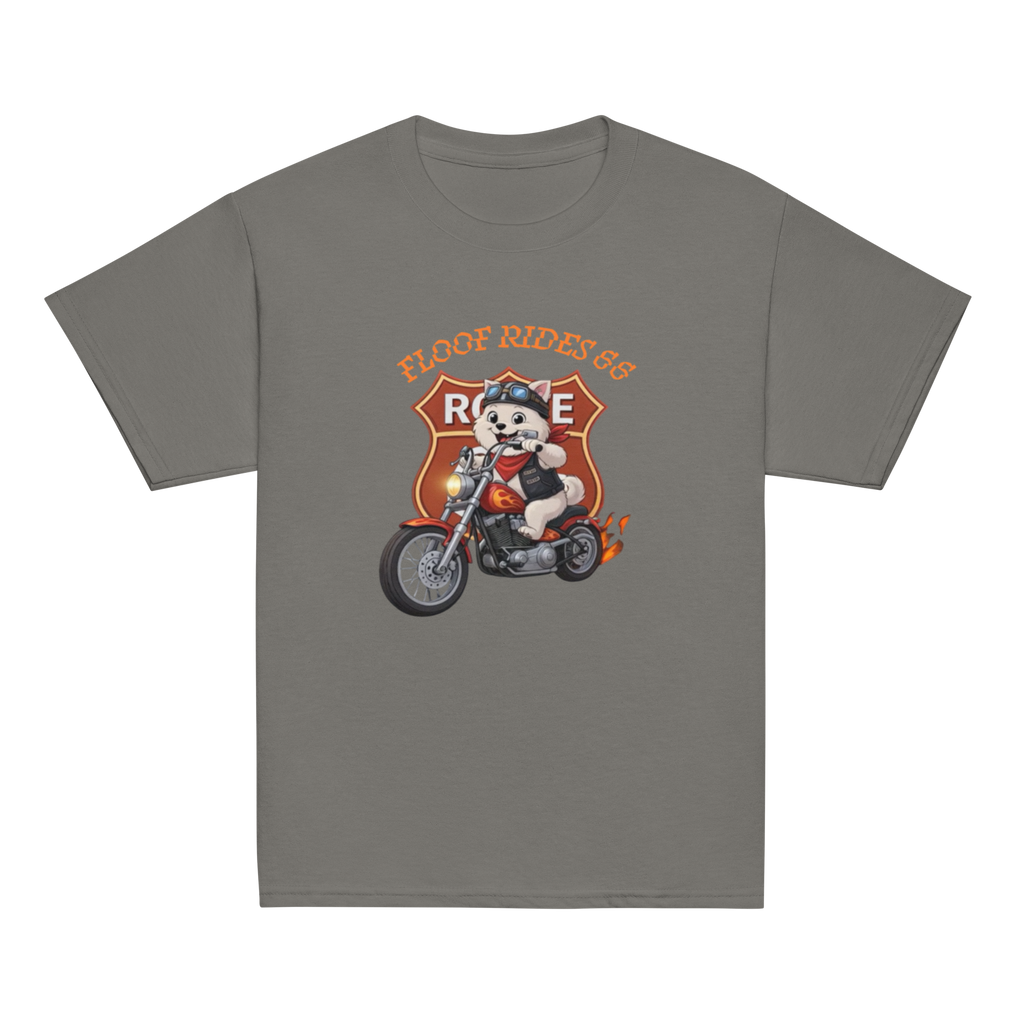 🏍️🐶👦✨ Camiseta clásica de niño – “Floof Rides 66”  Pequeño motero. Grandes aventuras.