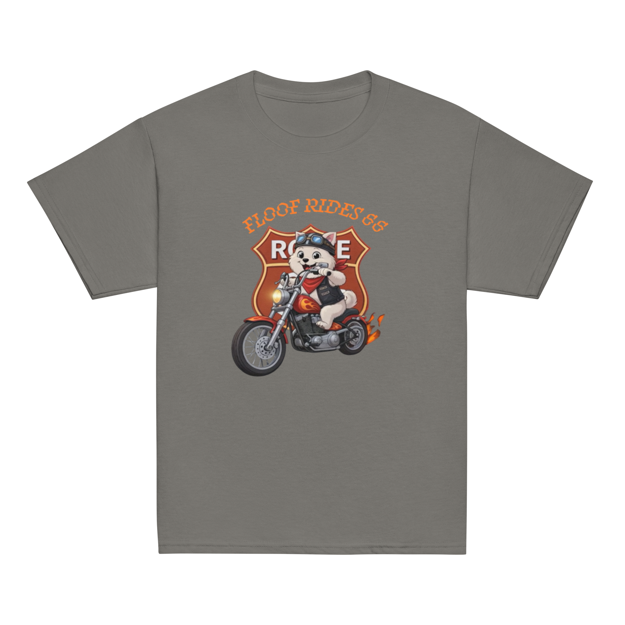 🏍️🐶👦✨ Camiseta clásica de niño – “Floof Rides 66”  Pequeño motero. Grandes aventuras.