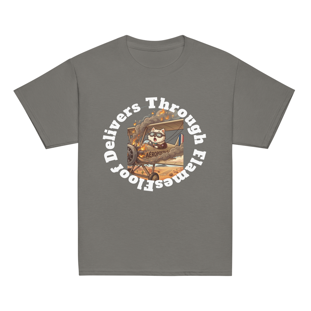 ✈️🐶🔥📦 Camiseta clásica de niño – “Floof Delivers Through Flames”  Pequeño piloto. Gran misión.