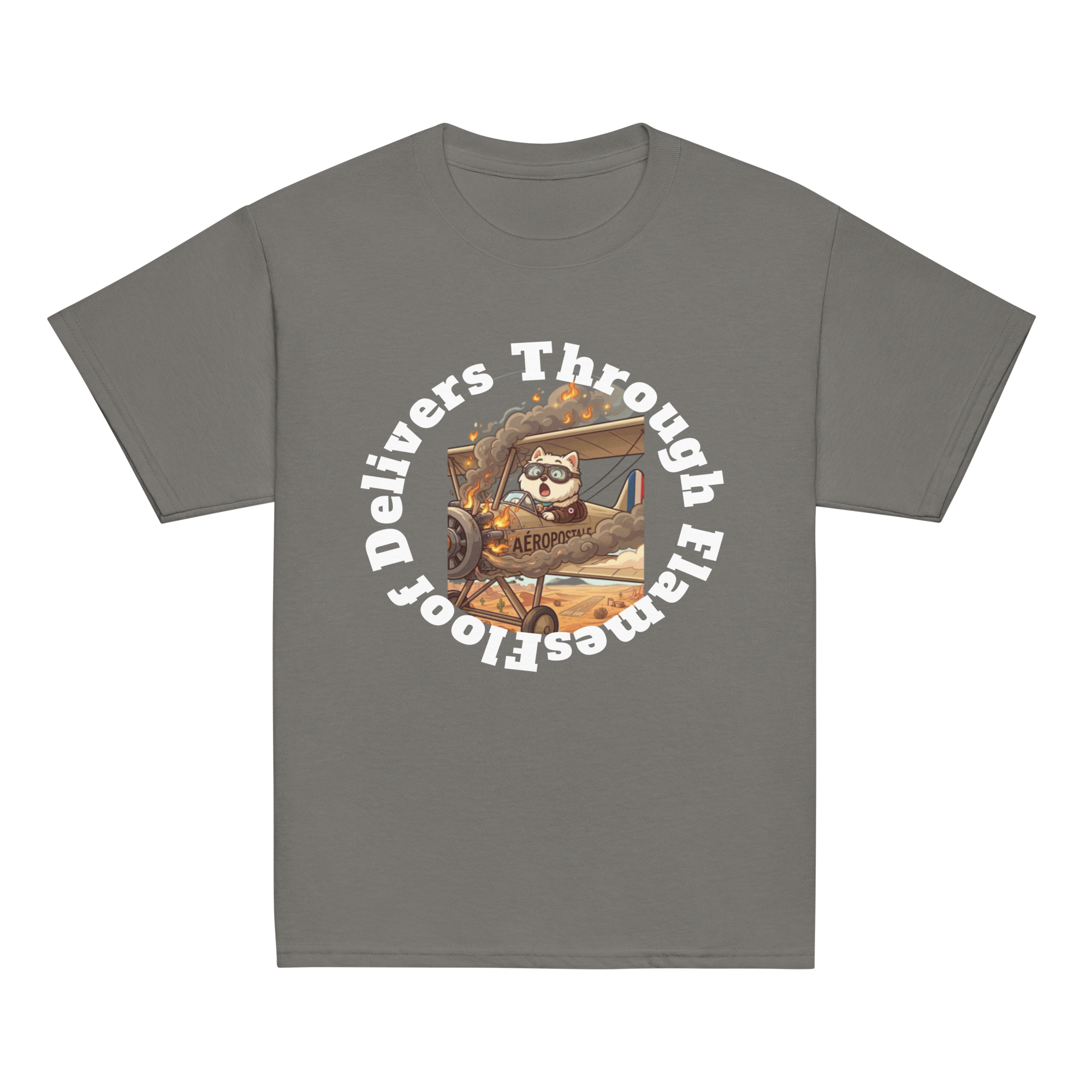 ✈️🐶🔥📦 Camiseta clásica de niño – “Floof Delivers Through Flames”  Pequeño piloto. Gran misión.