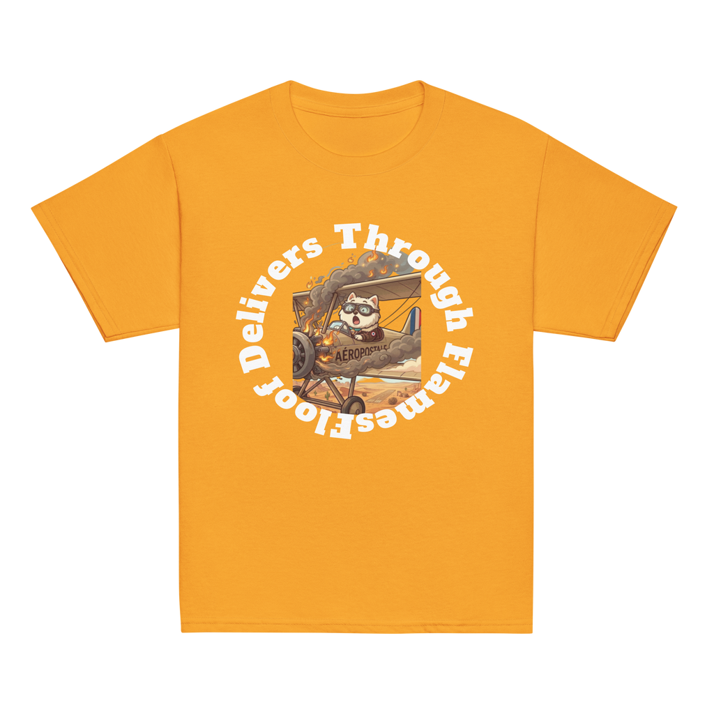 ✈️🐶🔥📦 Camiseta clásica de niño – “Floof Delivers Through Flames”  Pequeño piloto. Gran misión.