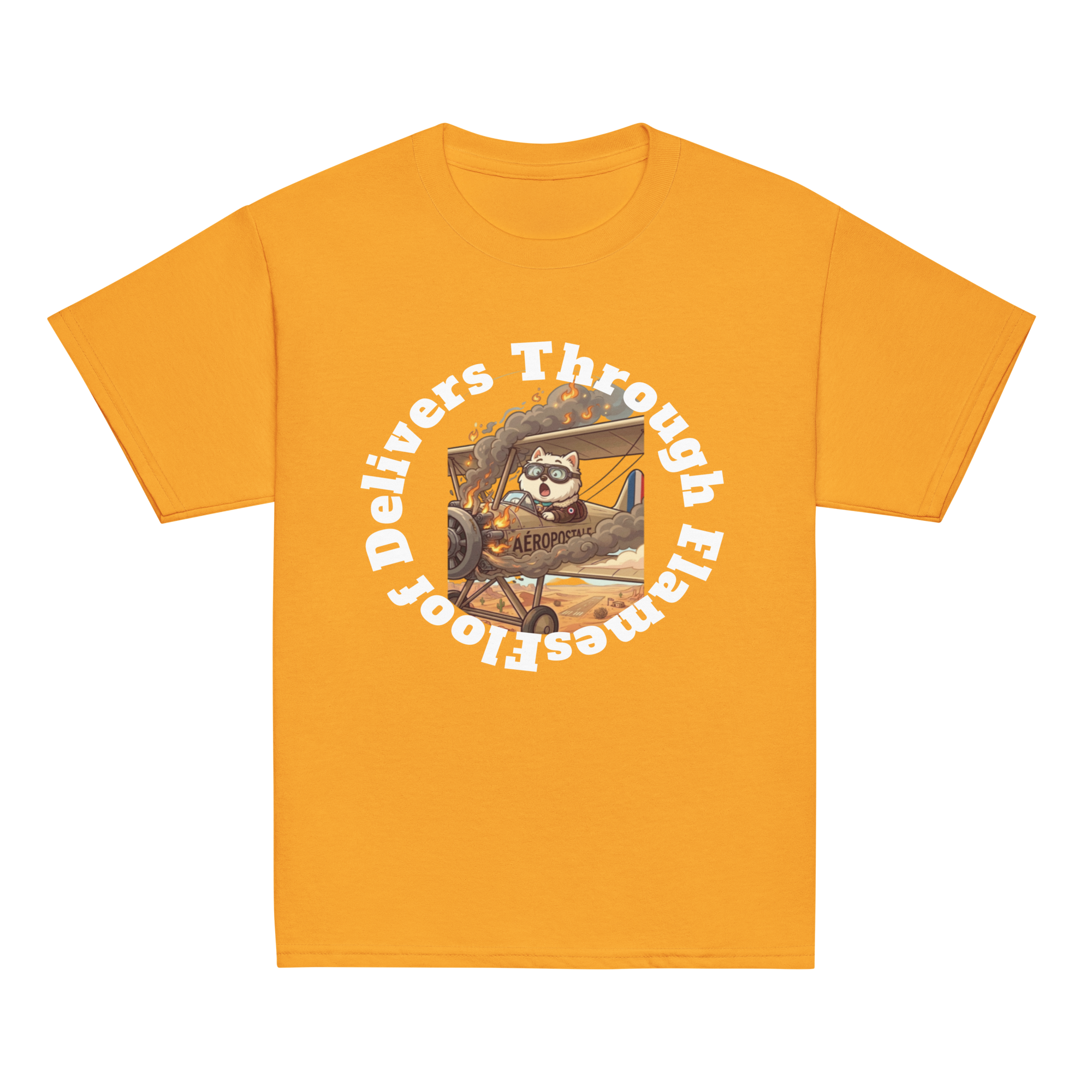 ✈️🐶🔥📦 Camiseta clásica de niño – “Floof Delivers Through Flames”  Pequeño piloto. Gran misión.