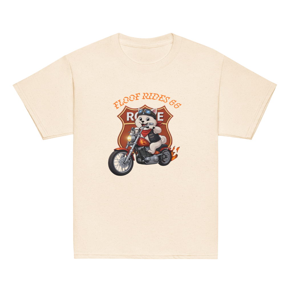 🏍️🐶👦✨ Camiseta clásica de niño – “Floof Rides 66”  Pequeño motero. Grandes aventuras.