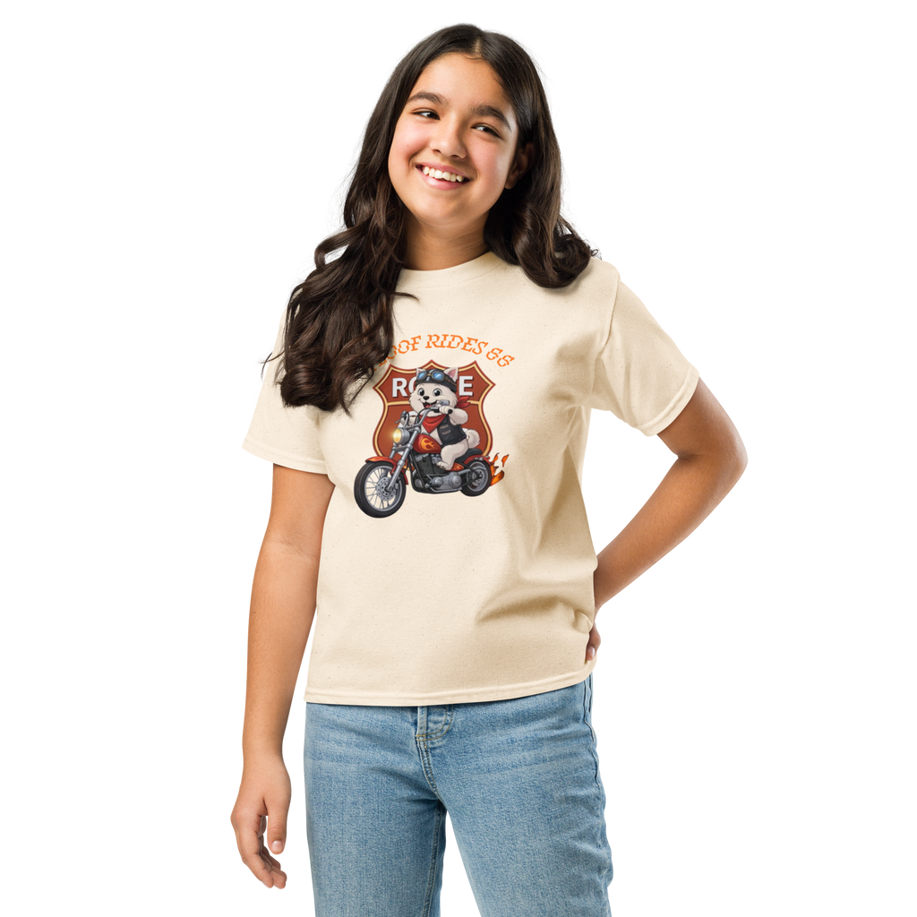 🏍️🐶👦✨ Camiseta clásica de niño – “Floof Rides 66”  Pequeño motero. Grandes aventuras.