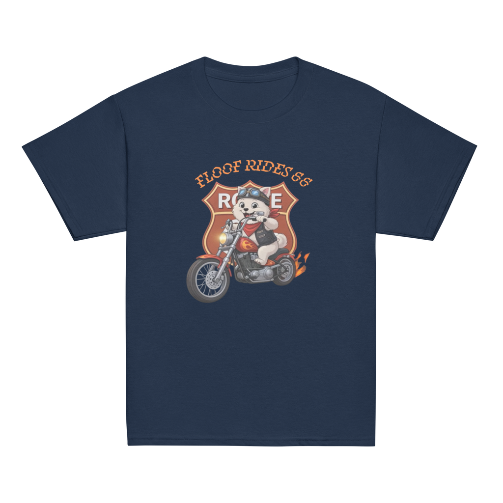 🏍️🐶👦✨ Camiseta clásica de niño – “Floof Rides 66”  Pequeño motero. Grandes aventuras.