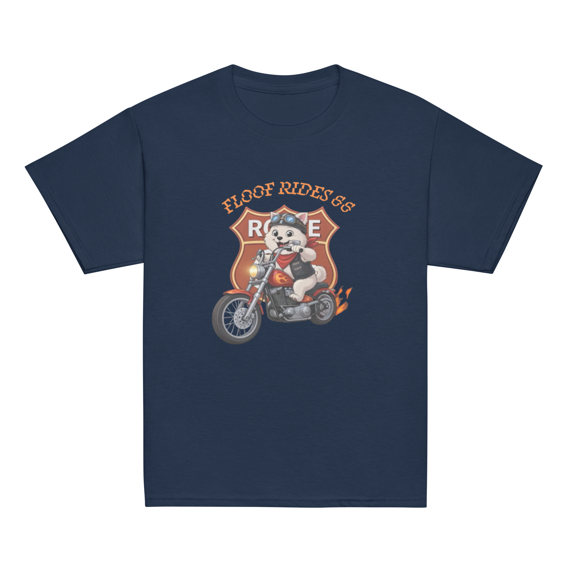 🏍️🐶👦✨ Camiseta clásica de niño – “Floof Rides 66”  Pequeño motero. Grandes aventuras.