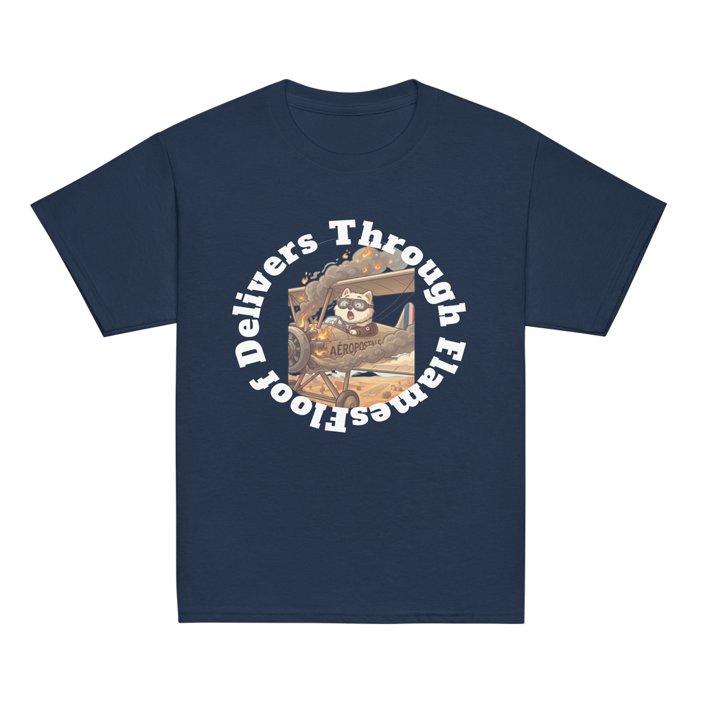 ✈️🐶🔥📦 Camiseta clásica de niño – “Floof Delivers Through Flames”  Pequeño piloto. Gran misión.