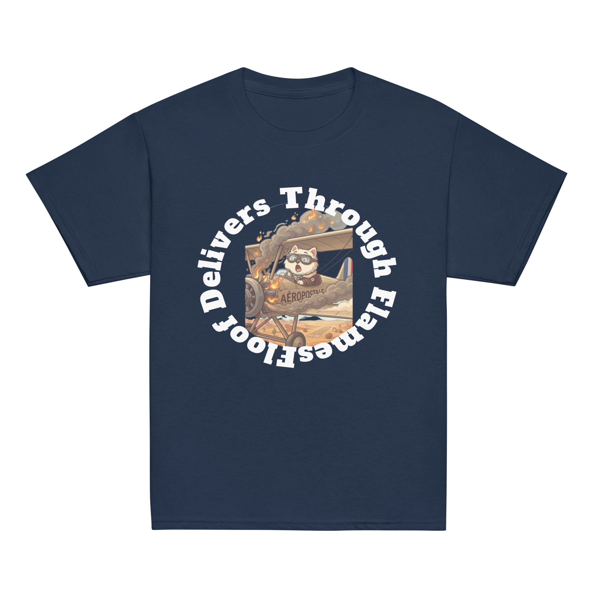 ✈️🐶🔥📦 Camiseta clásica de niño – “Floof Delivers Through Flames”  Pequeño piloto. Gran misión.