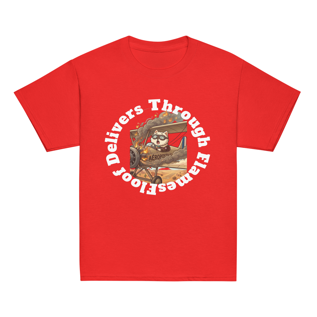 ✈️🐶🔥📦 Camiseta clásica de niño – “Floof Delivers Through Flames”  Pequeño piloto. Gran misión.