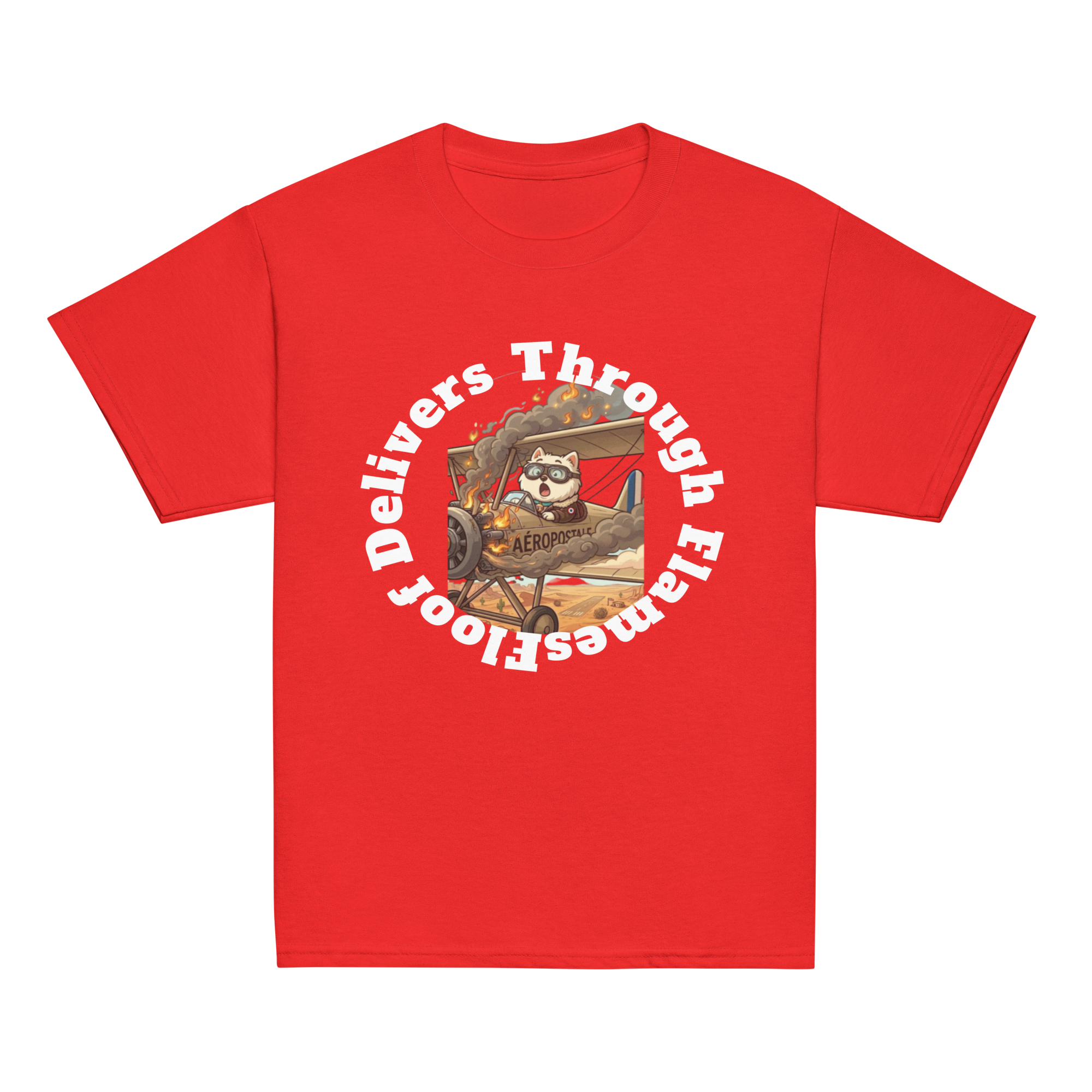 ✈️🐶🔥📦 Camiseta clásica de niño – “Floof Delivers Through Flames”  Pequeño piloto. Gran misión.