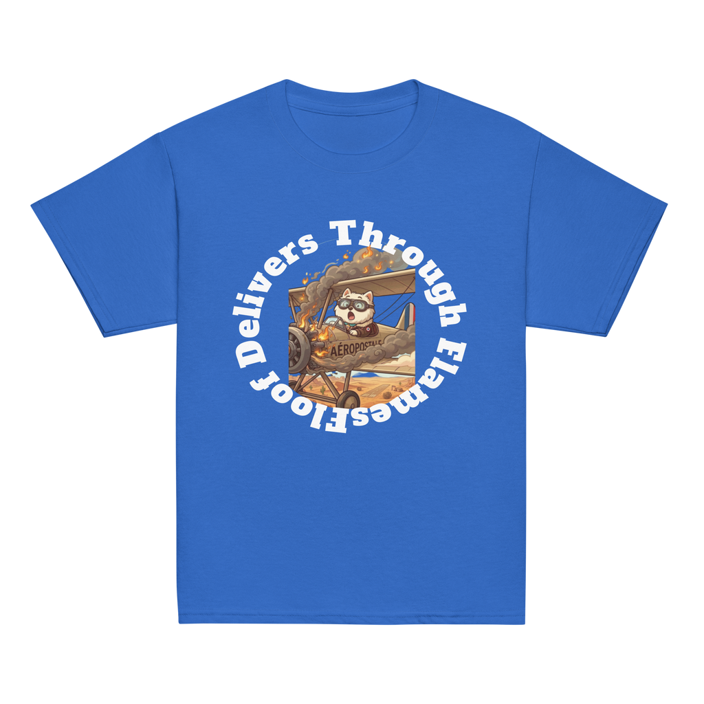 ✈️🐶🔥📦 Camiseta clásica de niño – “Floof Delivers Through Flames”  Pequeño piloto. Gran misión.