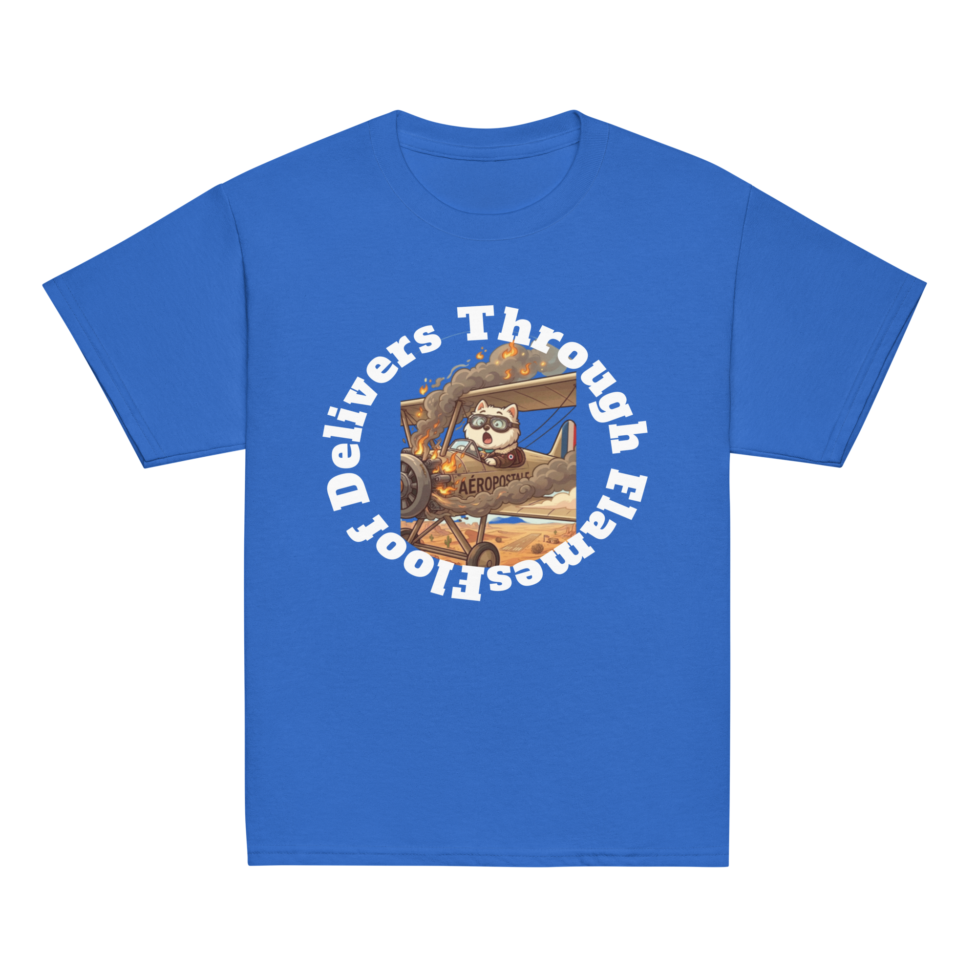 ✈️🐶🔥📦 Camiseta clásica de niño – “Floof Delivers Through Flames”  Pequeño piloto. Gran misión.