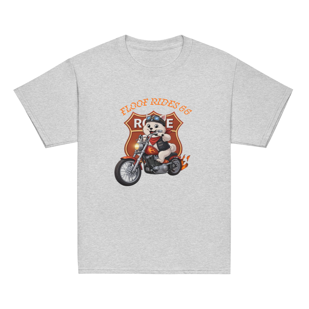 🏍️🐶👦✨ Camiseta clásica de niño – “Floof Rides 66”  Pequeño motero. Grandes aventuras.