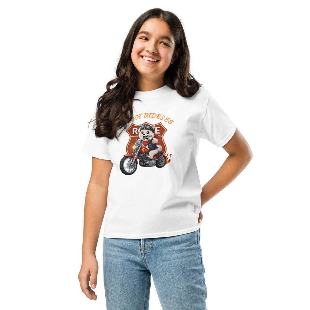 🏍️🐶👦✨ Camiseta clásica de niño – “Floof Rides 66”  Pequeño motero. Grandes aventuras.