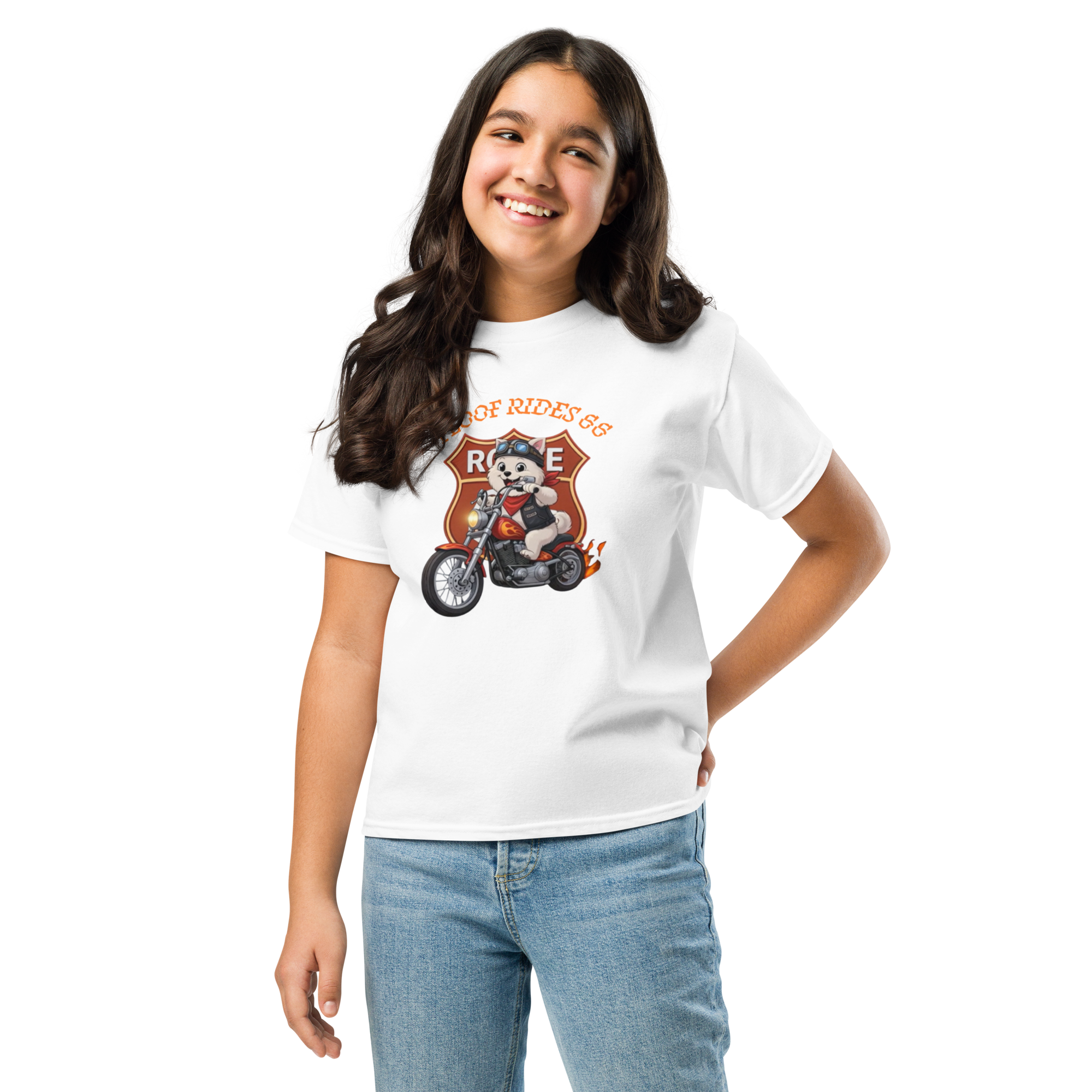 🏍️🐶👦✨ Camiseta clásica de niño – “Floof Rides 66”  Pequeño motero. Grandes aventuras.